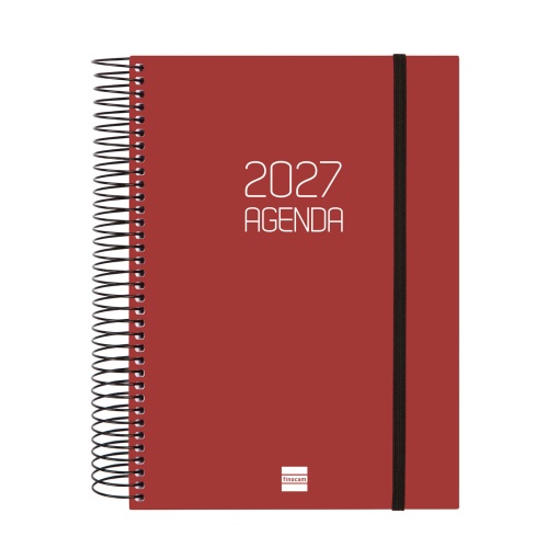 A5 2027 spiral-bound daily planner, Finocam Beta, red.
