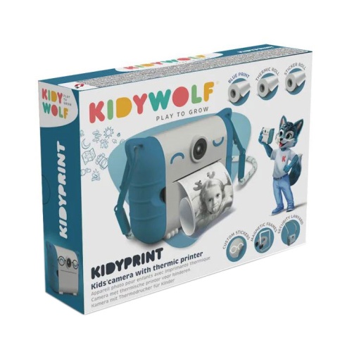 Kidywolf Kidyprint blue camera with printing capability.