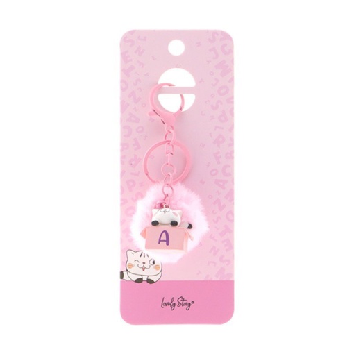 Cat keychain with pompom, Lovely Story pink letter "A"