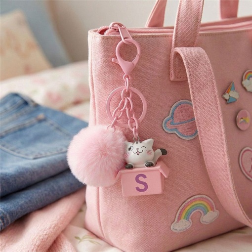 Cat keychain with pompom, Lovely Story pink letter "A"