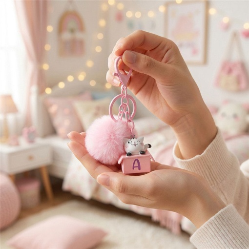 Cat keychain with pompom, Lovely Story pink letter "G"