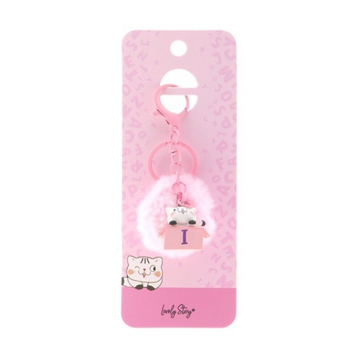 Cat keychain with pompom, Lovely Story pink letter "I"