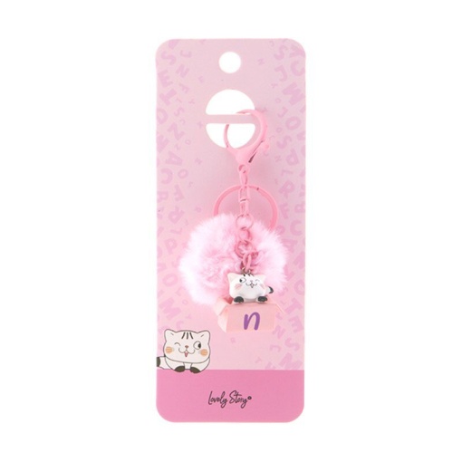 Cat keychain with pompom, Lovely Story pink letter "N"