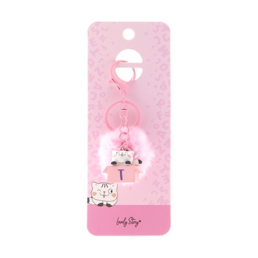 Cat keychain with pompom, Lovely Story pink letter "T"