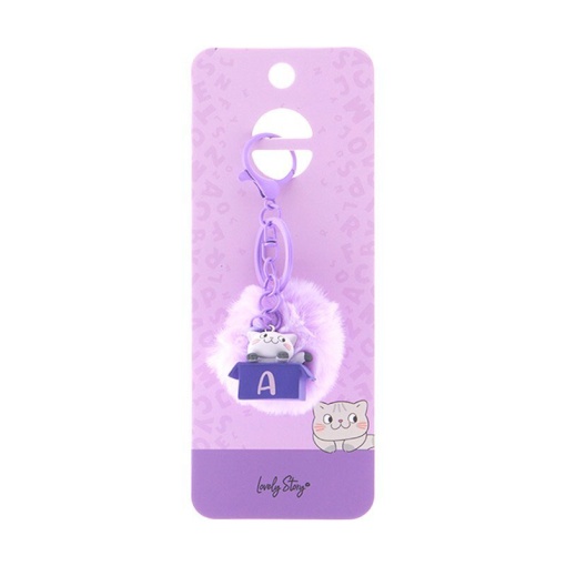 Cat keychain with pompom, Lovely Story purple letter "A"