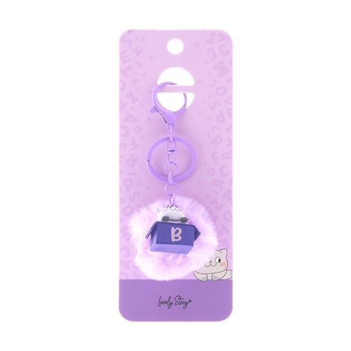 Cat keychain with pompom, Lovely Story purple letter "B"