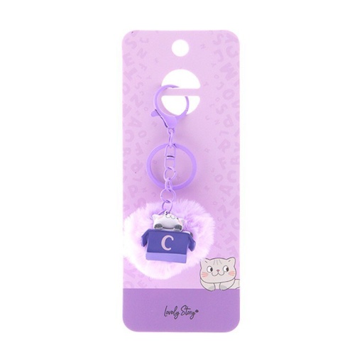 Cat keychain with pompom, Lovely Story purple letter "C"