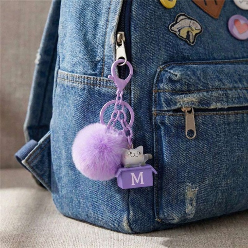 Cat keychain with pompom, Lovely Story purple letter "C"