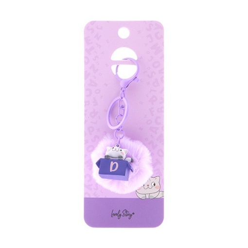 Cat keychain with pompom, Lovely Story purple letter "D"