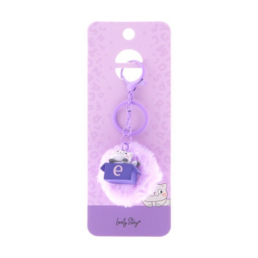 Cat keychain with pompom, Lovely Story purple letter "E"