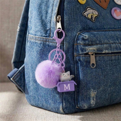 Cat keychain with pompom, Lovely Story purple letter "F"