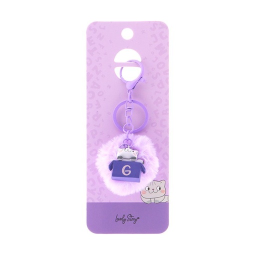 Cat keychain with pompom, Lovely Story purple letter "G"