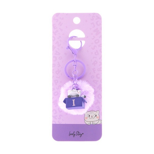 Cat keychain with pompom, Lovely Story purple letter "I"