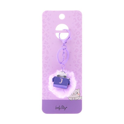 Cat keychain with pompom, Lovely Story purple letter "J"