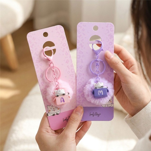 Cat keychain with pompom, Lovely Story purple letter "J"