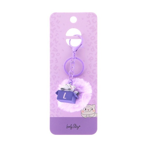 Cat keychain with pompom, Lovely Story purple letter "L"