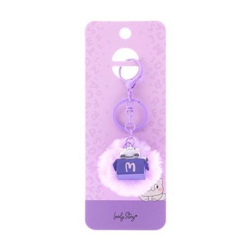 Cat keychain with pompom, Lovely Story purple letter "M"
