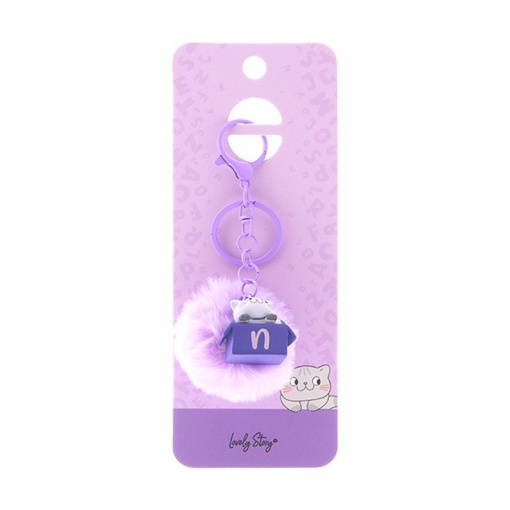 Cat keychain with pompom, Lovely Story purple letter "N"