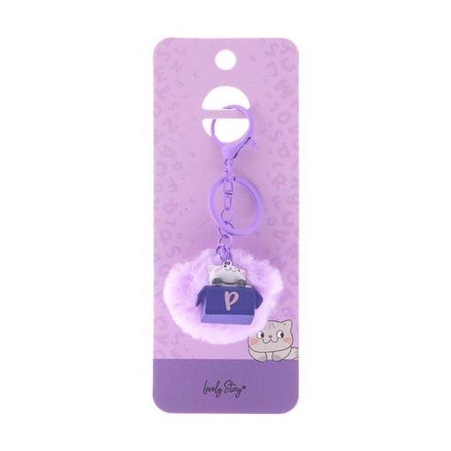 Cat keychain with pompom, Lovely Story purple letter "P"