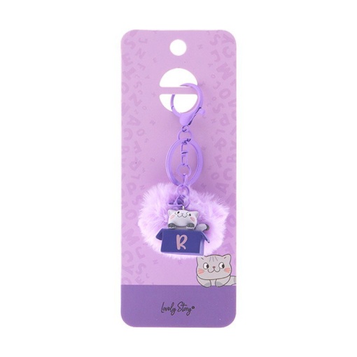 Cat keychain with pompom, Lovely Story purple letter "R"