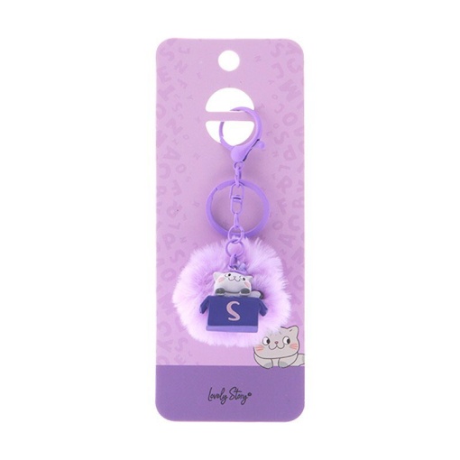 Cat keychain with pompom, Lovely Story purple letter "S"