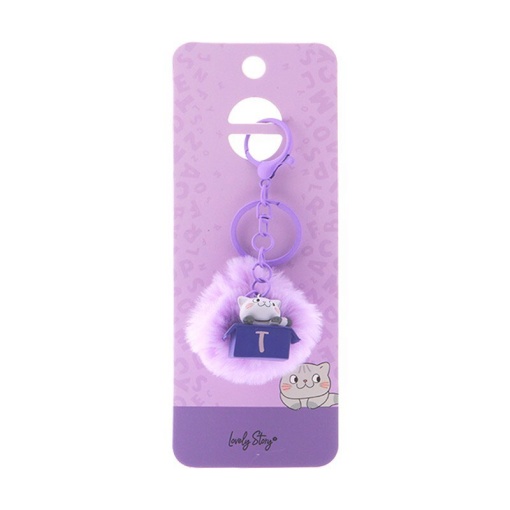 Cat keychain with pompom, Lovely Story purple letter "T"