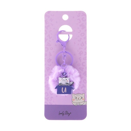 Cat keychain with pompom, Lovely Story purple letter "U"