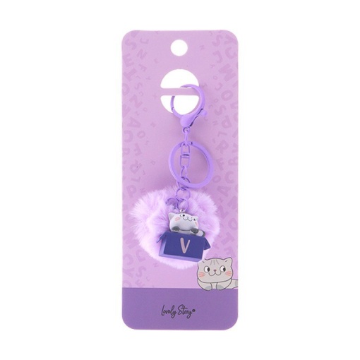 Cat keychain with pompom, Lovely Story purple letter "V"