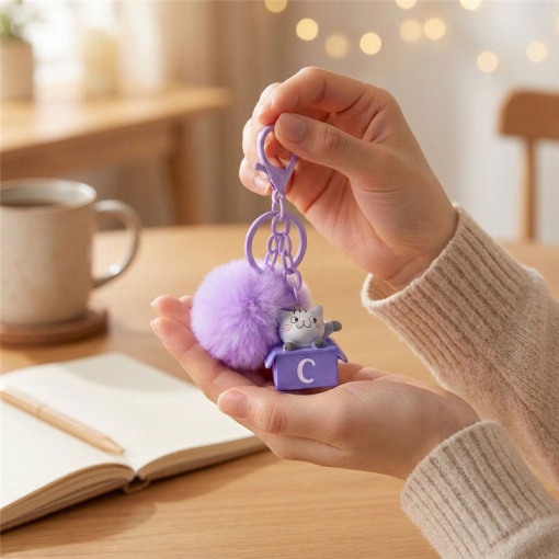 Cat keychain with pompom, Lovely Story purple letter "V"