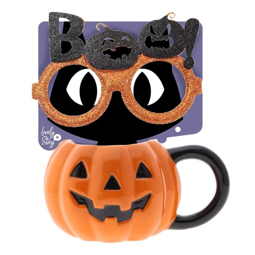 Lovely Story Halloween Pumpkin Witchy Cat Ceramic Mug and Glasses Set