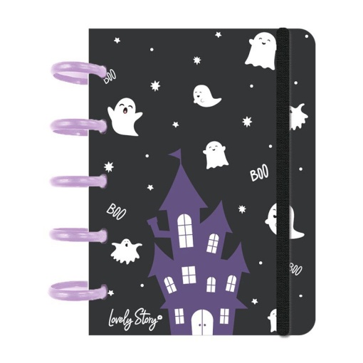 Caderno de discos A6 pautado 100 folhas 100g Lovely Story Halloween preto Ghostie Pals