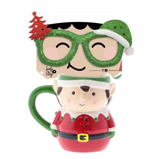 Ceramic mug and glasses set, Lovely Story Christmas elf theme.