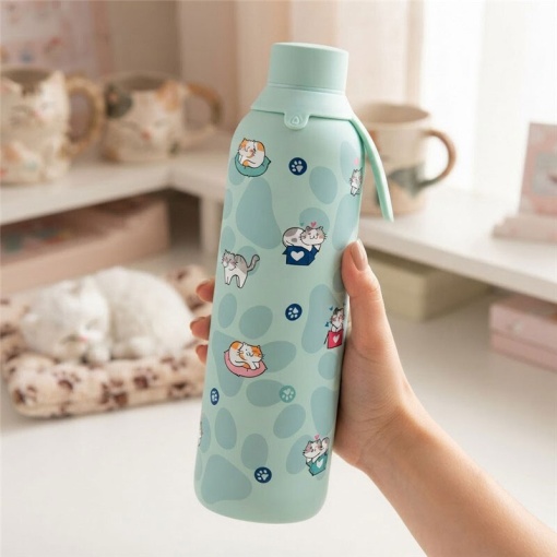 Lovely Story 750ml Mint Thermal Bottle, Cozy Whiskers