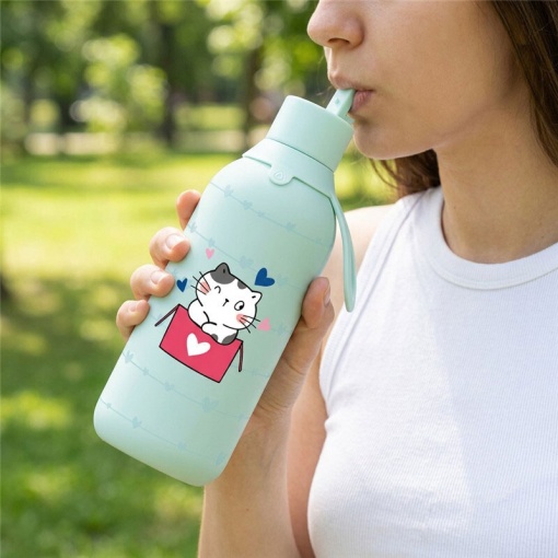 Lovely Story 500ml Mint Thermal Bottle, Cozy Whiskers