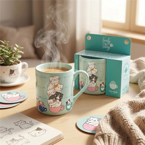 Lovely Story Mint Cozy Whiskers Ceramic Mug 330ml