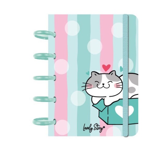 A6 lined disc notebook, 100 sheets, 100gsm, Lovely Story mint, Cozy Whiskers