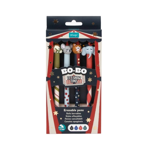 Conjunto 4 canetas apagáveis Mr. Wonderful Bo-Bo Circus (cavalo, rato, palhaço e elefante)