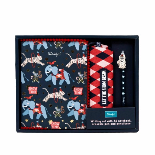 Conjunto caderno A5 + esferográfica apagável + estojo Mr. Wonderful Circus