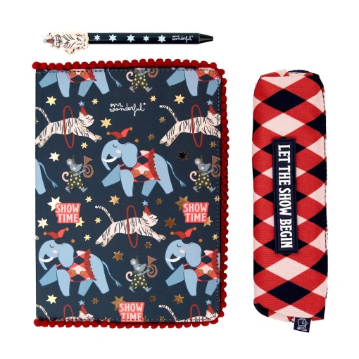 Conjunto caderno A5 + esferográfica apagável + estojo Mr. Wonderful Circus