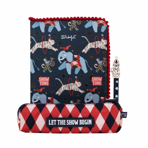 Conjunto caderno A5 + esferográfica apagável + estojo Mr. Wonderful Circus