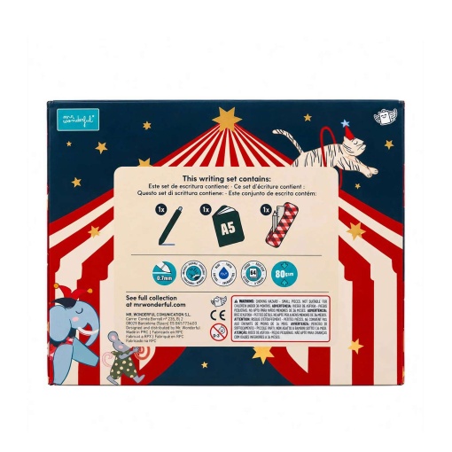 Conjunto caderno A5 + esferográfica apagável + estojo Mr. Wonderful Circus