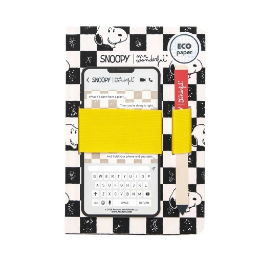 A5 notebook with elastic band for mobile phone and ballpoint pen, Mr. Wonderful Snoopy