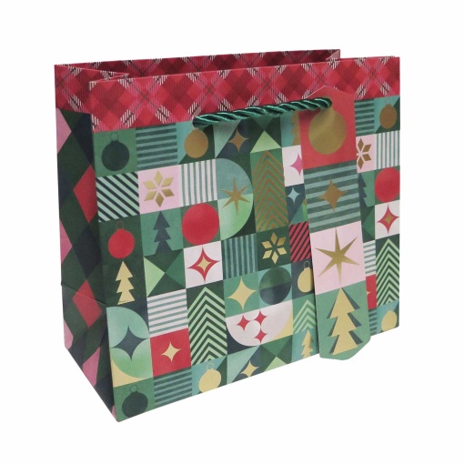 Artebene Christmas Geometric Paper Bag with Drawstring Handle, 18x16x8cm
