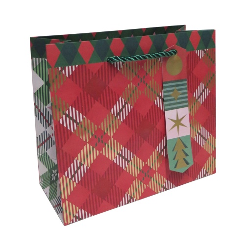 Saco de papel asa cordão Artebene Christmas xadrez 21x19x9,5cm