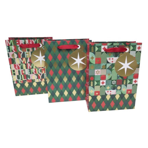 Bolsa de papel tejida navideña Artebene con diseño gráfico de estrella, 18x25x8cm, colores surtidos.
