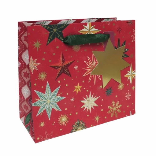 Artebene Christmas Stars Red Fabric Paper Bag with Handles, 18x16x8cm