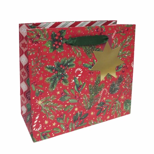 Artebene Christmas Stars Red Fabric Paper Bag with Handles, 21x19x9.5cm