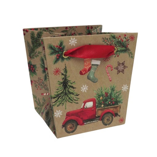 Artebene Christmas paper bag with fabric handle, Christmas van design, 12x12x12cm