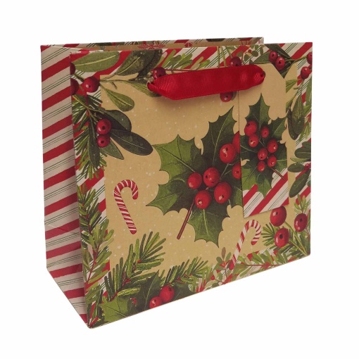 Artebene Christmas holly woven paper bag with handle, 18x16x8cm