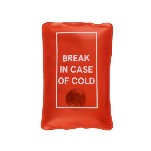 Hand warmer with "Break in Case of Cold" design.
